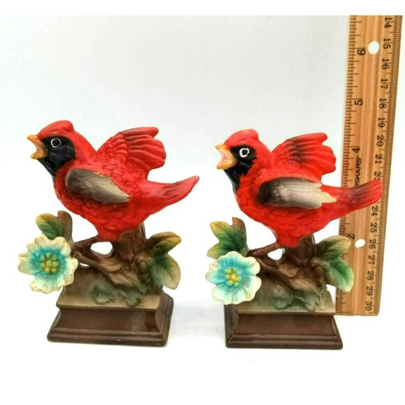 Bird Figurines Cardinals Hand Painted Ceramic Perched Flower Vintage Pair 4.25" - Picture 2 of 15